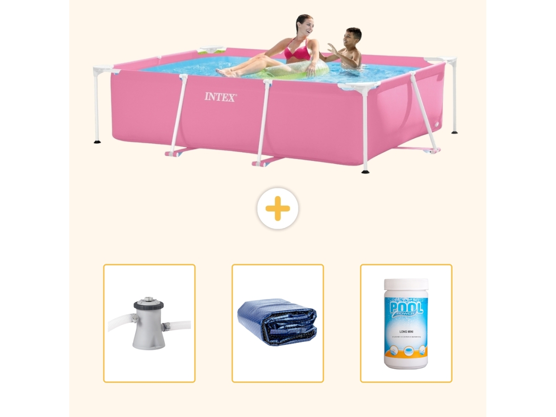 Piscina com Estrutura Retangular INTEX 220 X 150 X 60 Cm Rosa Incluída Bomba de Filtro de Piscina Vela Solar Cloro