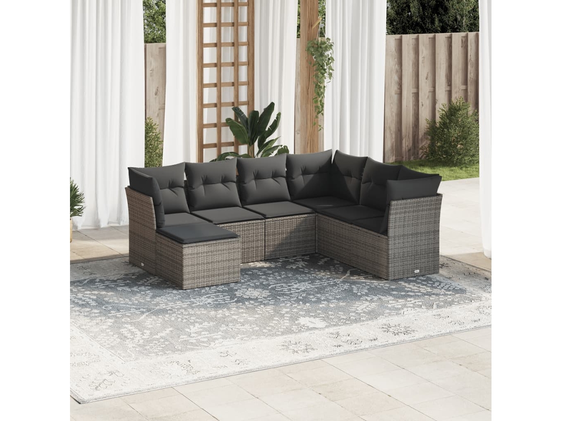 Vidaxl 7 Pcs Conjunto Sofás P/ Jardim C/ Almofadões Vime Pe Cinzento