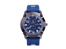 Relógio casual masculino com três fusos horários e pulseira de silicone azul royal.