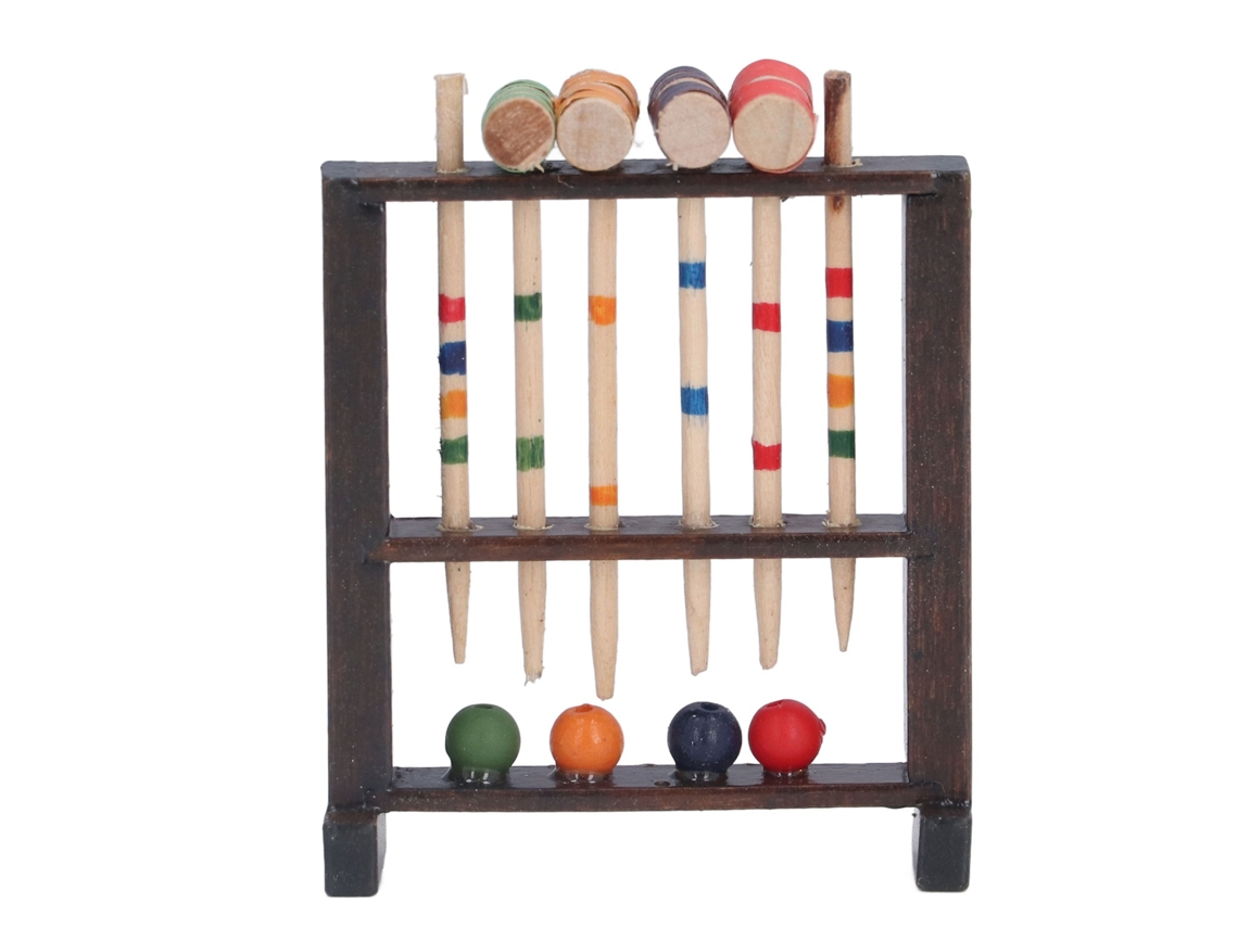 Conjunto de croquet em miniatura de madeira ATS para casa de bonecas, escala 1/12, acessório decorativo, brinquedo infantil.