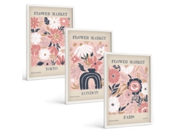 Galeria De Pinturas Murais Motivos Florais Tóquio Londres Paris Moldura Branca Fotos Para O Escritório Espelharte (3 Piezas De 40x60 Cm)
