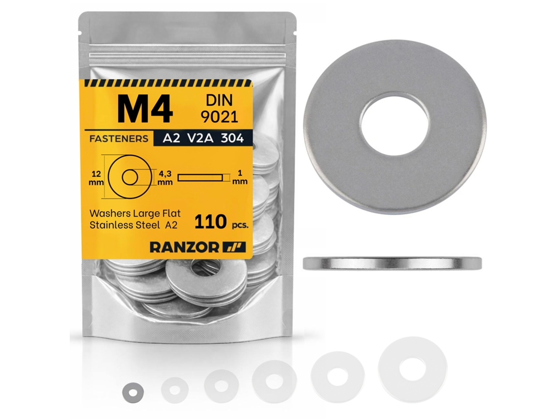 Anilha Plana Larga Inox A2 Din 9021 M4 (110 Un.) Ranzor | Large Flat Washer Stainless Steel Aisi 304