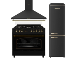 Pack Combinado Solthermic Fogão A Gás Preto Rústico 90x60 Forno Elétrico Panorâmico Exaustor 90 Frigorífico Combinado Retro 1,88