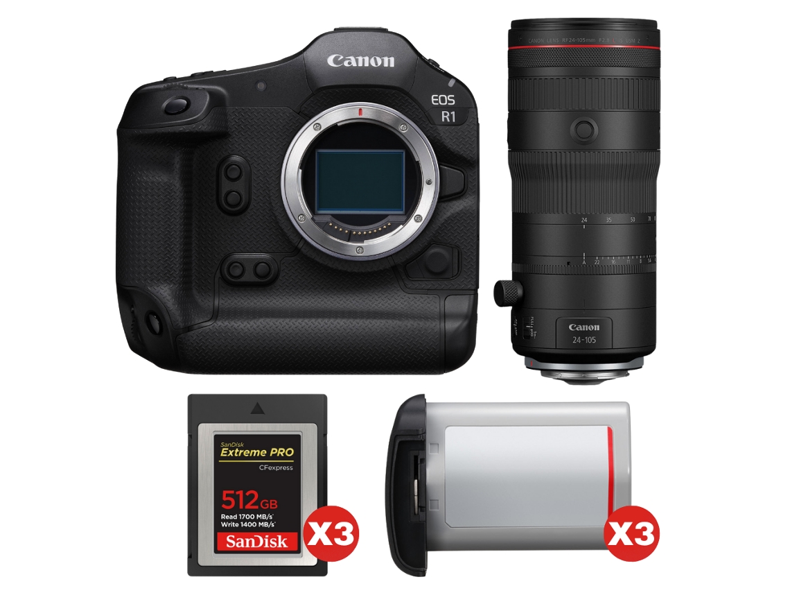 Eos R1 + Rf 24 105mm F/2.8 L Is Usm Z + 3 Sandisk 512gb Extreme Pro Cfexpress Type B + 3 Canon Lp e19 + Ebook Pricedirect CANON