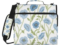 Pasta Vintage Azul com Estampa de Papoulas, 3,8 Cm Largura, 3 Argolas, Alça Ombro Resistente e Vários Bolsos,