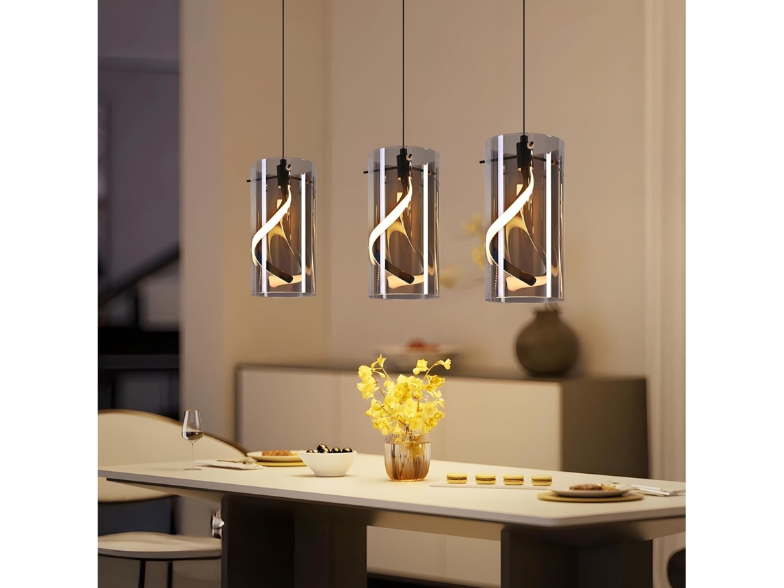 Luminária pendente vintage NETTLIFE com 3 lâmpadas LED em vidro cinza fumê, 23 W, 3000 K, estilo retrô, ajustável para mesa de jantar.