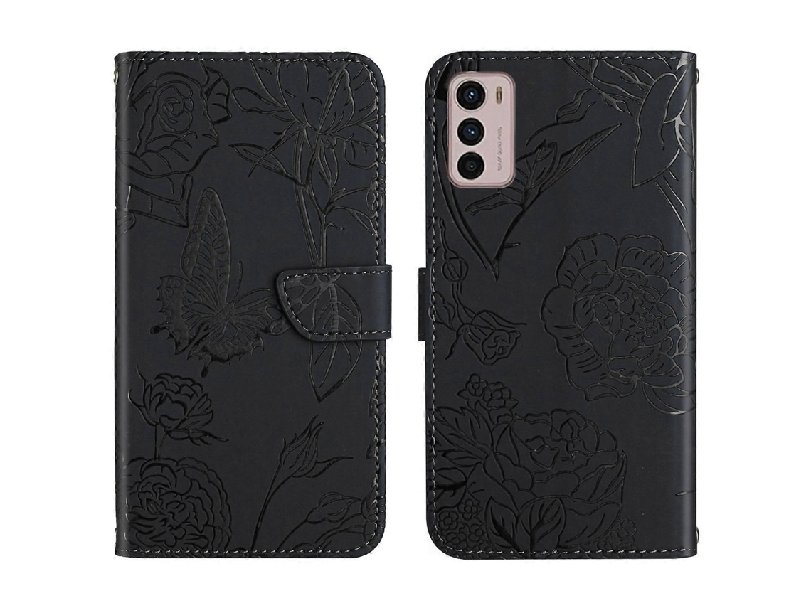 Capa De Celular Em Couro Sintético Com Textura De Borboleta E Peônia Para Motorola Moto G42