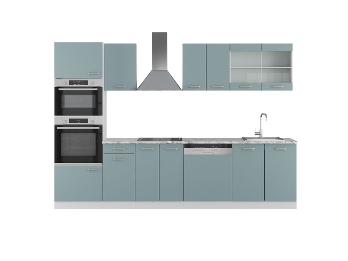 Cozinha R-Line, 300 cm com armário alto, sem bancada, Azul-cinza, Vicco
