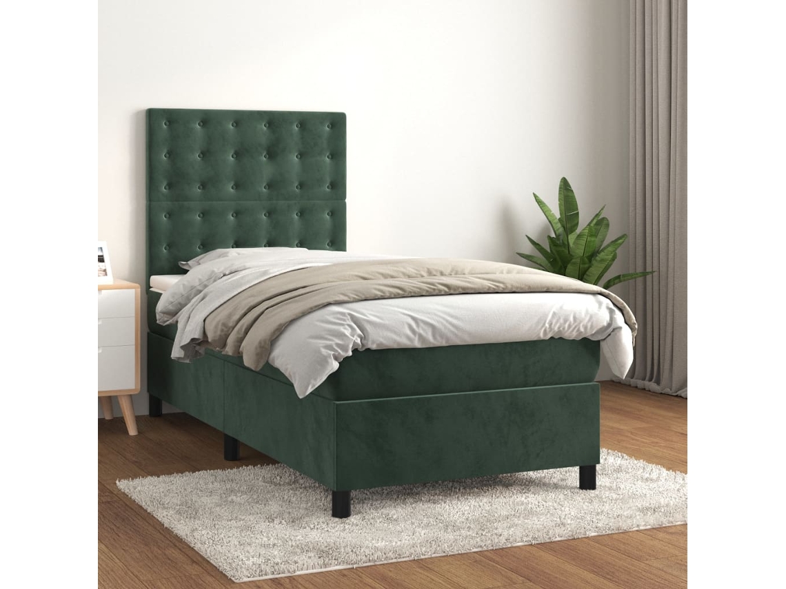 Cama Com Molas/colchão 100x200 Cm Veludo Verde-escuro
