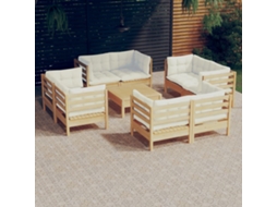 Vidaxl 9 Pcs Conjunto Lounge Jardim C/ Almofadões Cor Creme Pinho