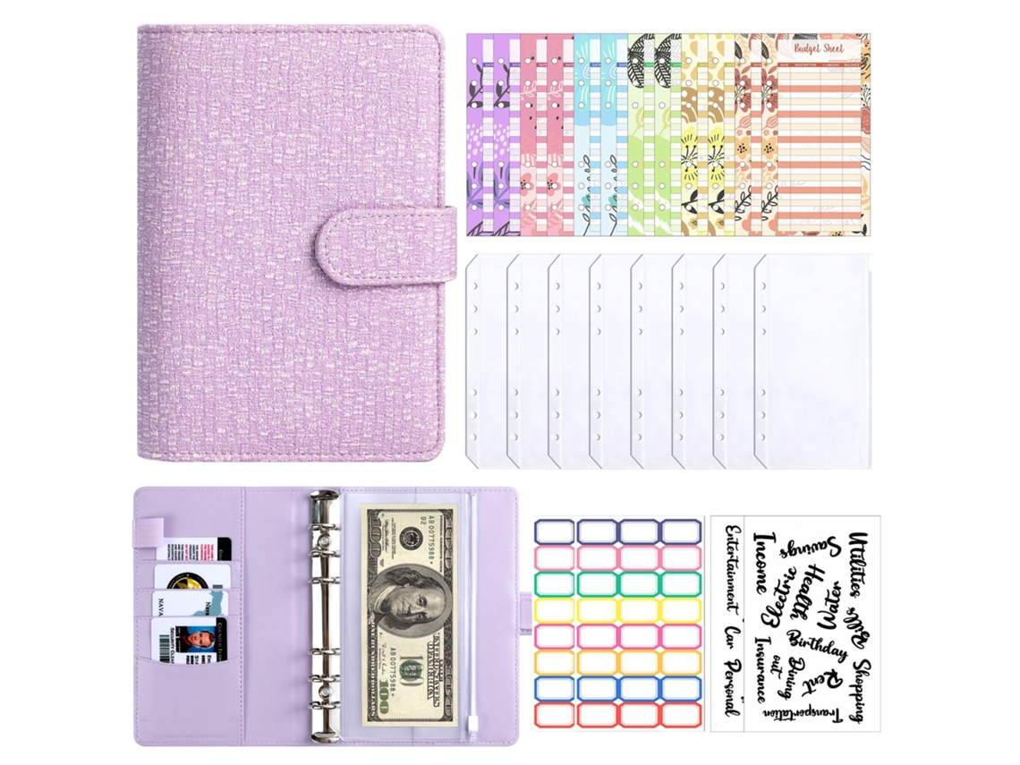 A6 Cloth Waffle Notebook For Cash Budgeting Purple + Budget Cards 12 Bill Envelopes 8 English Stickers 2 Label