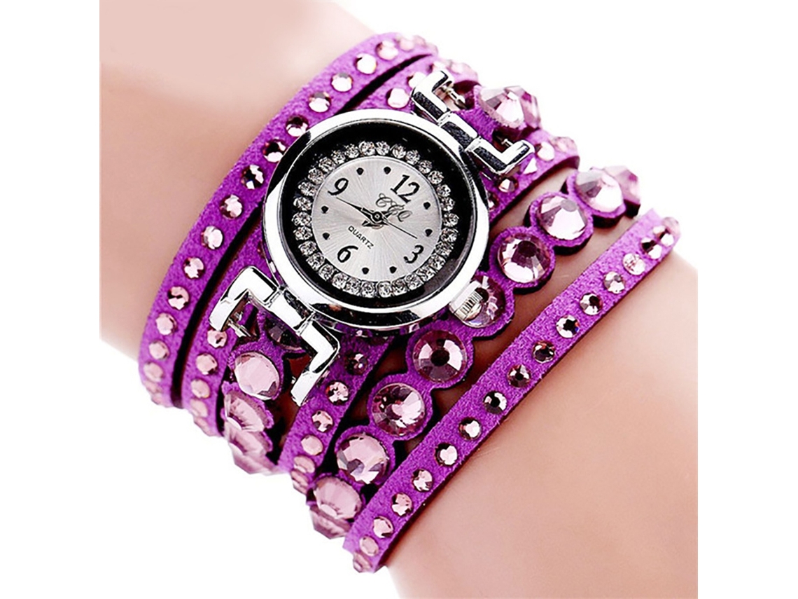 Relógio de Pulso Feminino de Quartzo com Strass Pulseira de Múltiplas Camadas Roxo