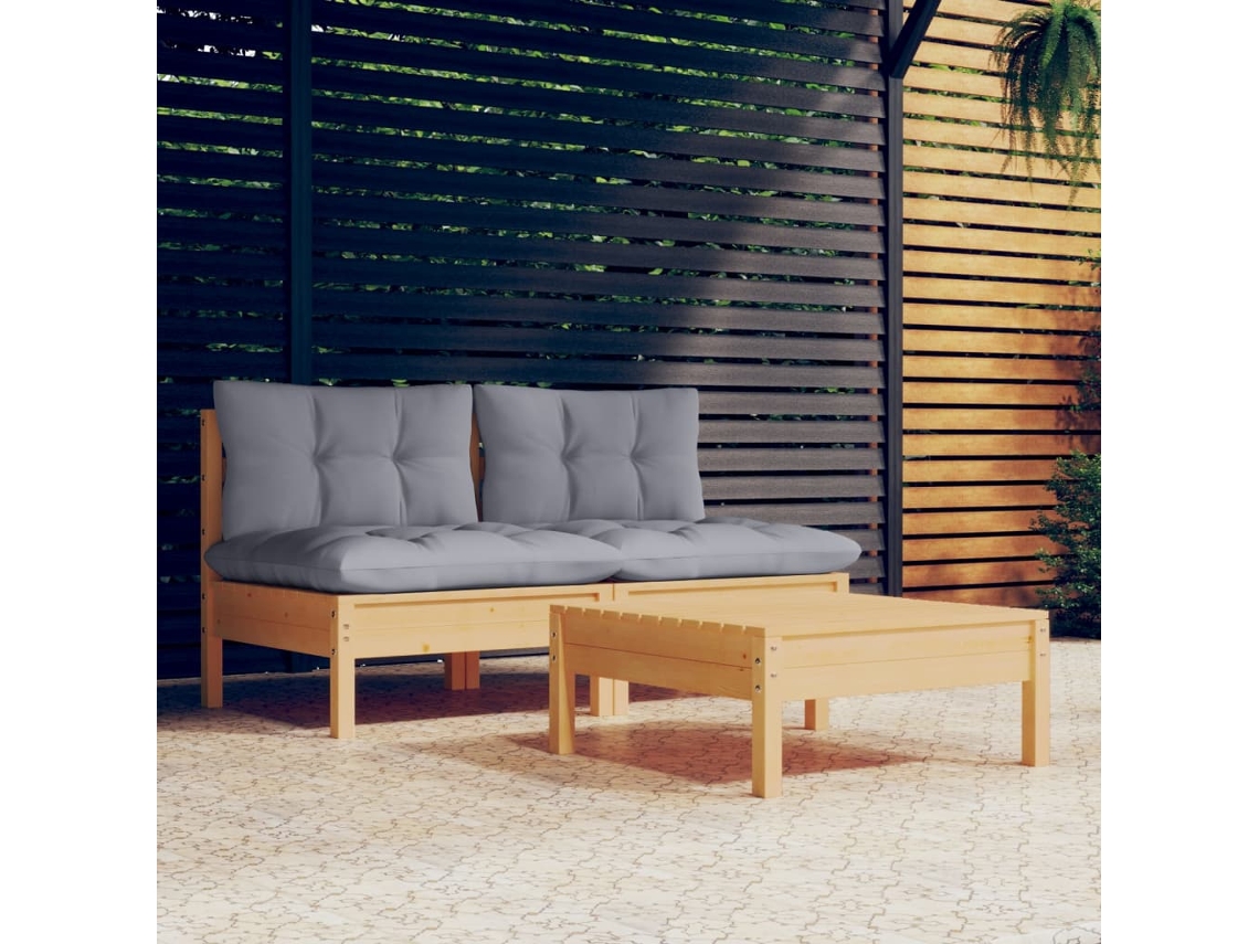 Vidaxl 3 Pcs Conjunto Lounge De Jardim C/ Almofadões Cinzentos Pinho