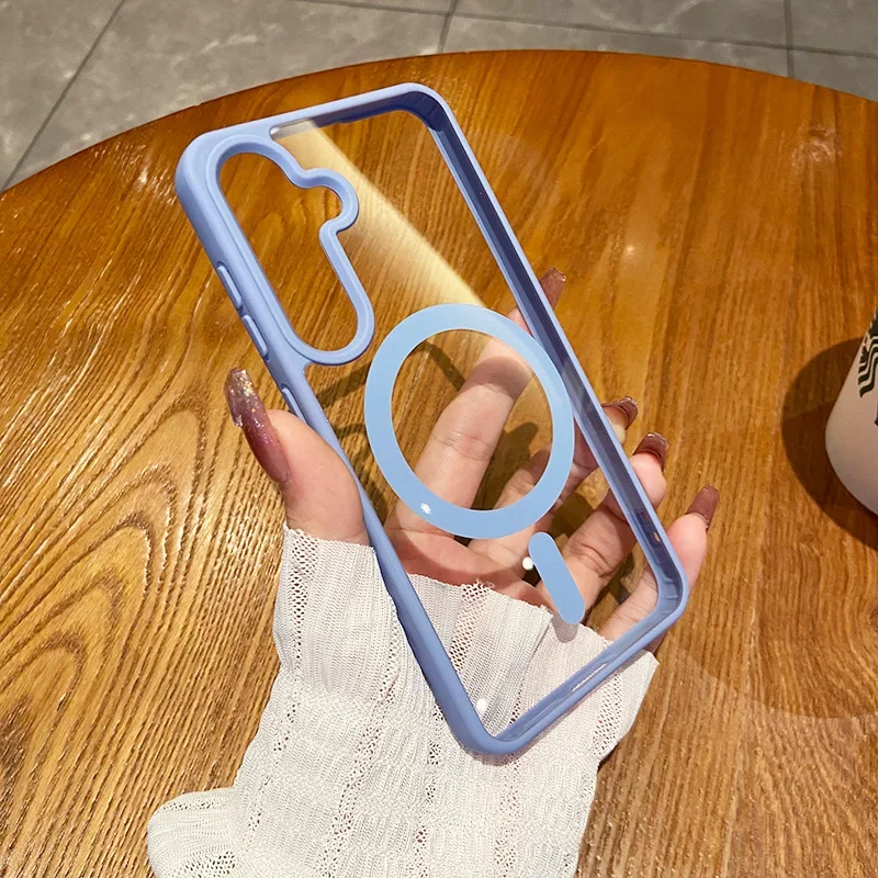 (azul Celeste S25 Plus) Capa Protetora Com Carregamento Sem Fio Magsafe E Moldura Magnética Transparente À Prova De Choque.
