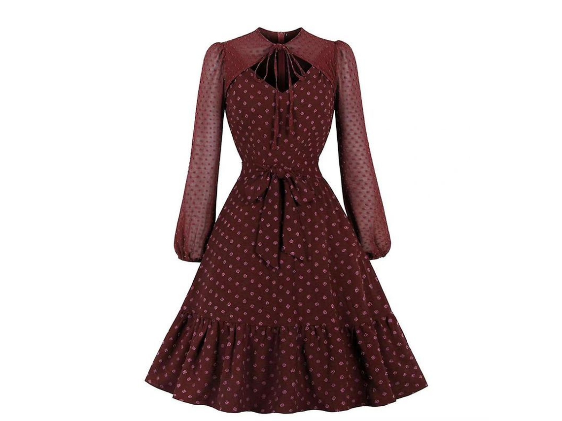 2026 vestido A line Vintage para Mulher com Pontos, Mangas Longas, Calcinha e Babados Casual