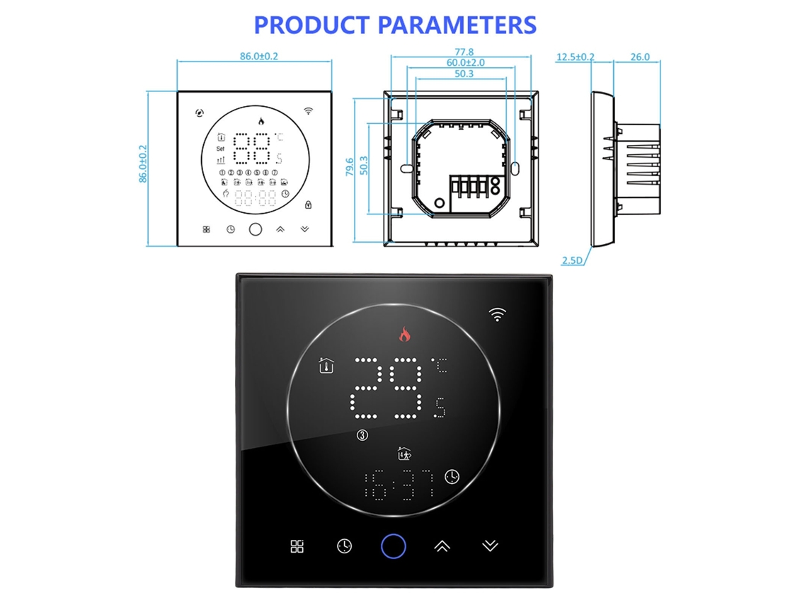 Lurelia Termostato Residencial Inteligente Programável Com Wi-fi E Tela Sensível Ao Toque Colorida Para Aquecimento De Caldeira Ac95 240v Preto