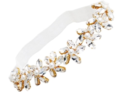 Liga De Noiva Em Vidro E Pérolas, Elegante Flor Dourada.