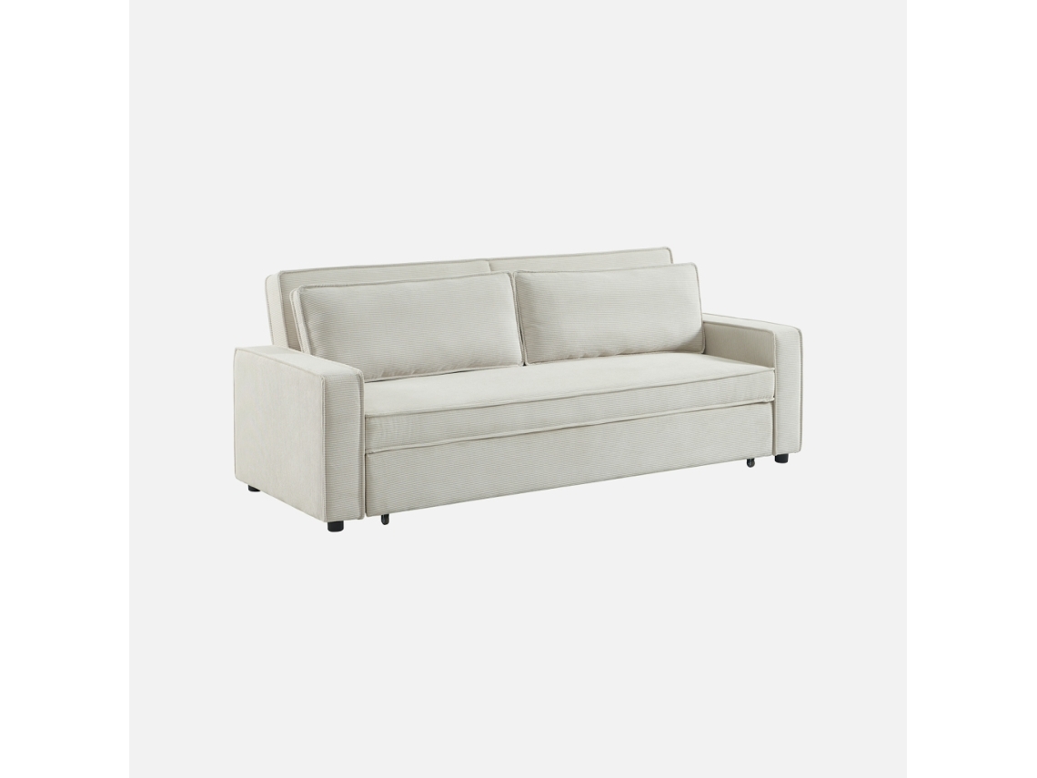 Sofá-cama Em Veludo Canelado, 3 Lugares, Creme