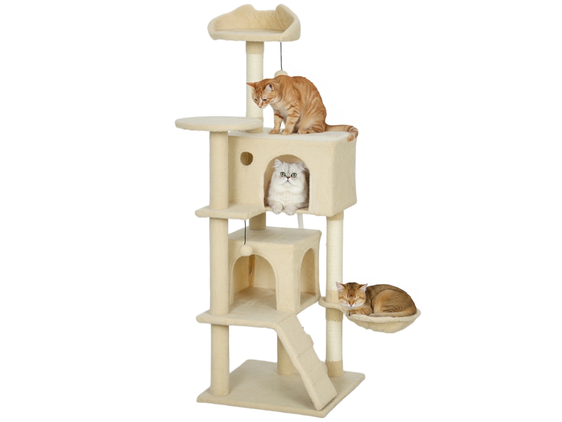 Arranhador para Gatos com Múltiplas Plataformas Cama 2 Cavernas Rede Escada Postes de Sisal 48x48x140 Cm Bege Ge