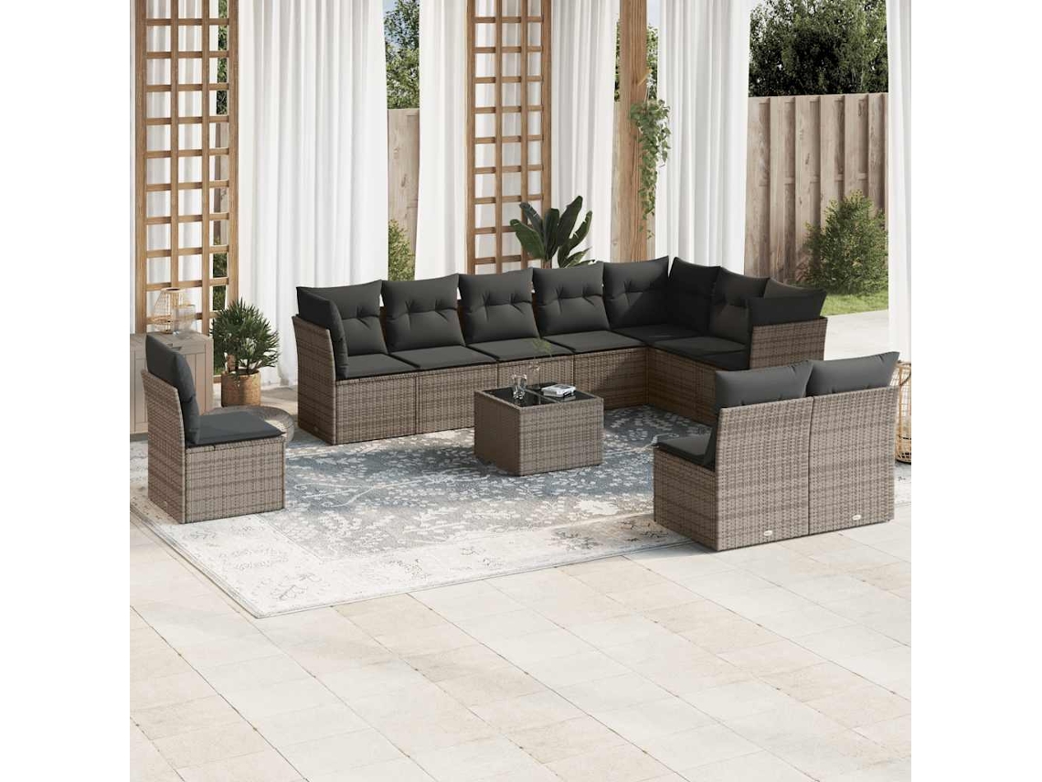Vidaxl 11 Pcs Conjunto Sofás De Jardim C/ Almofadões Vime Pe Cinzento