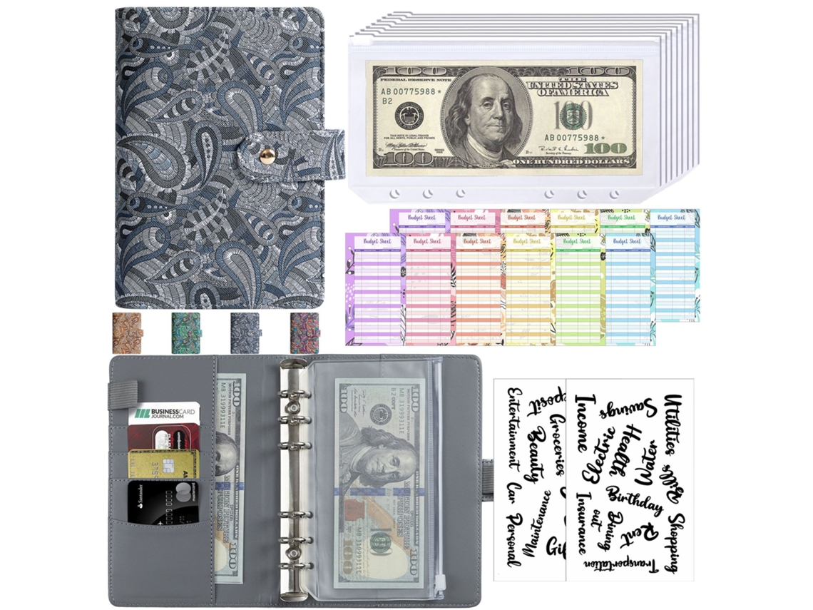 A6 Macaron Pu Faux Leather Loose Leaf Notebook Journal With Zipper Pouch Budget Planner Gray Cover, 8-zipper Pockets