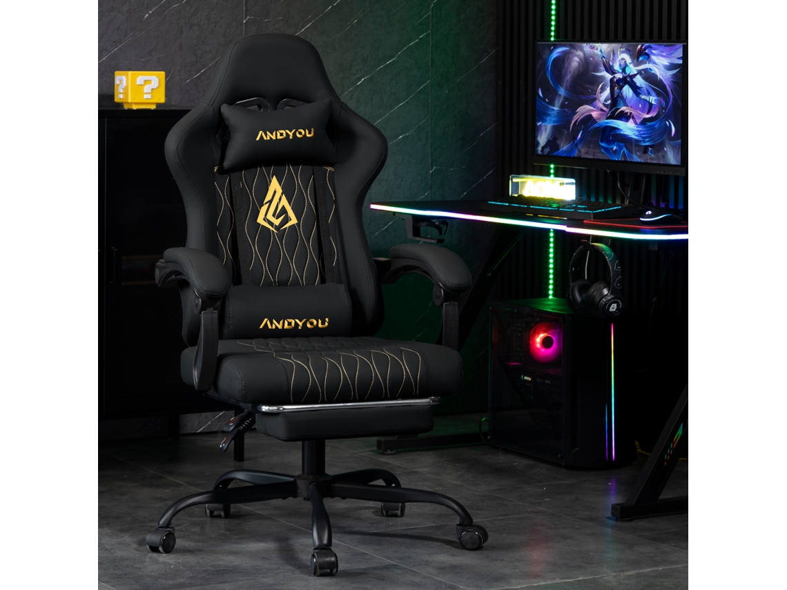 Cadeira Gamer Andyou Series com apoio para os pés, couro PU, preta ESSÊNCIACASA
