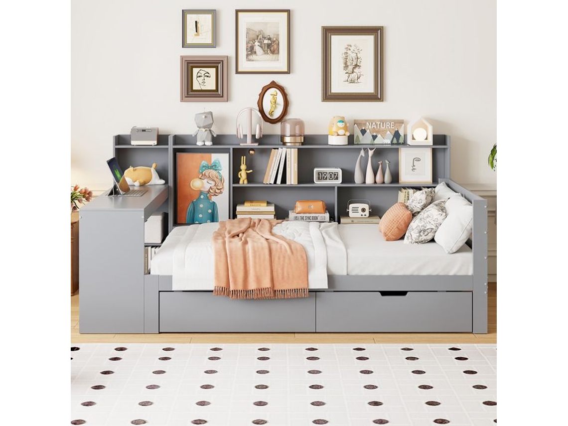 Sofá-cama De Madeira Maciça 90x200 Cm Cinza Com Mesa, Prateleiras E Tomadas Multifuncionais