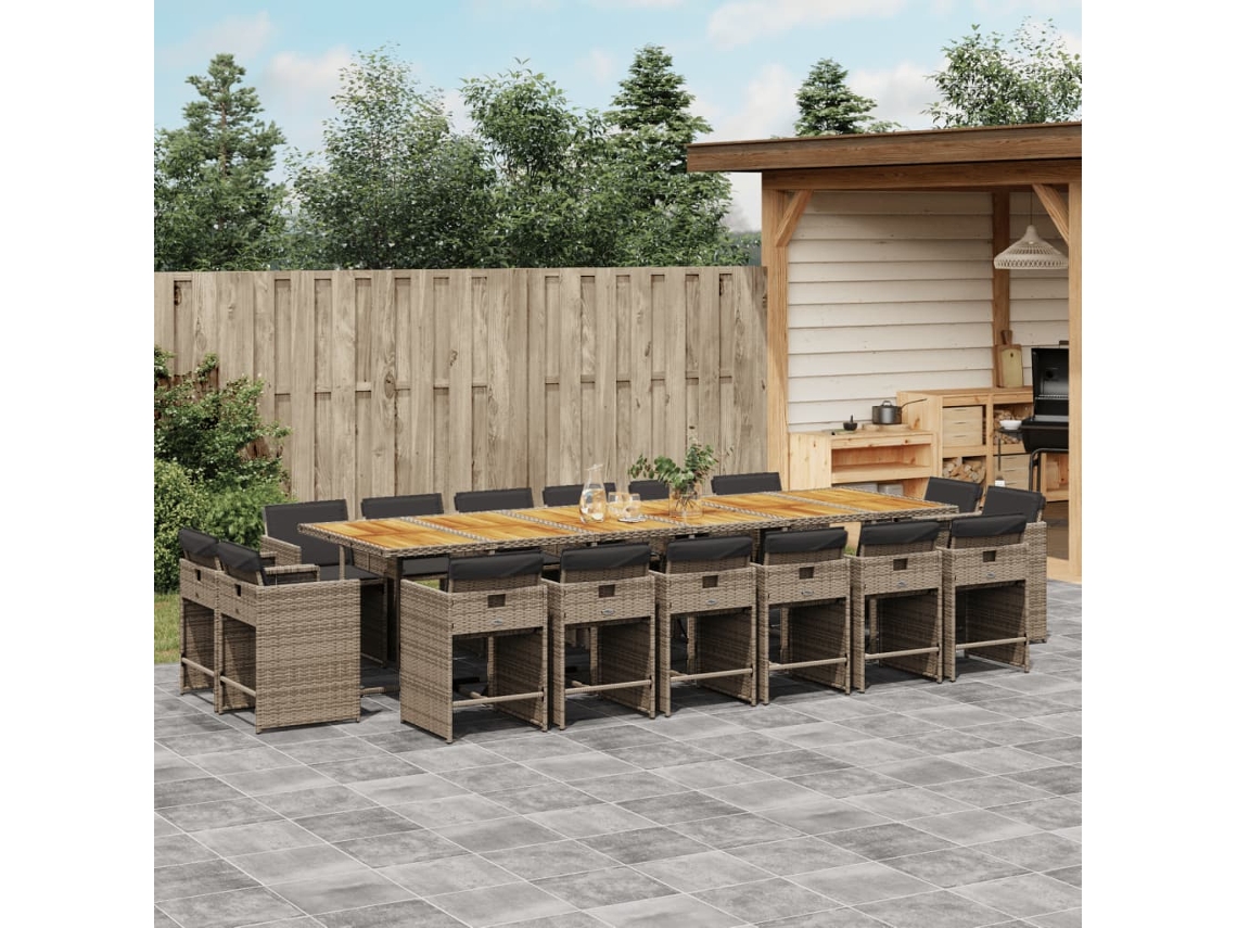 Vidaxl 17 Pcs Conj. De Jantar P/ Jardim C/ Almofadões Vime Pe Cinzento