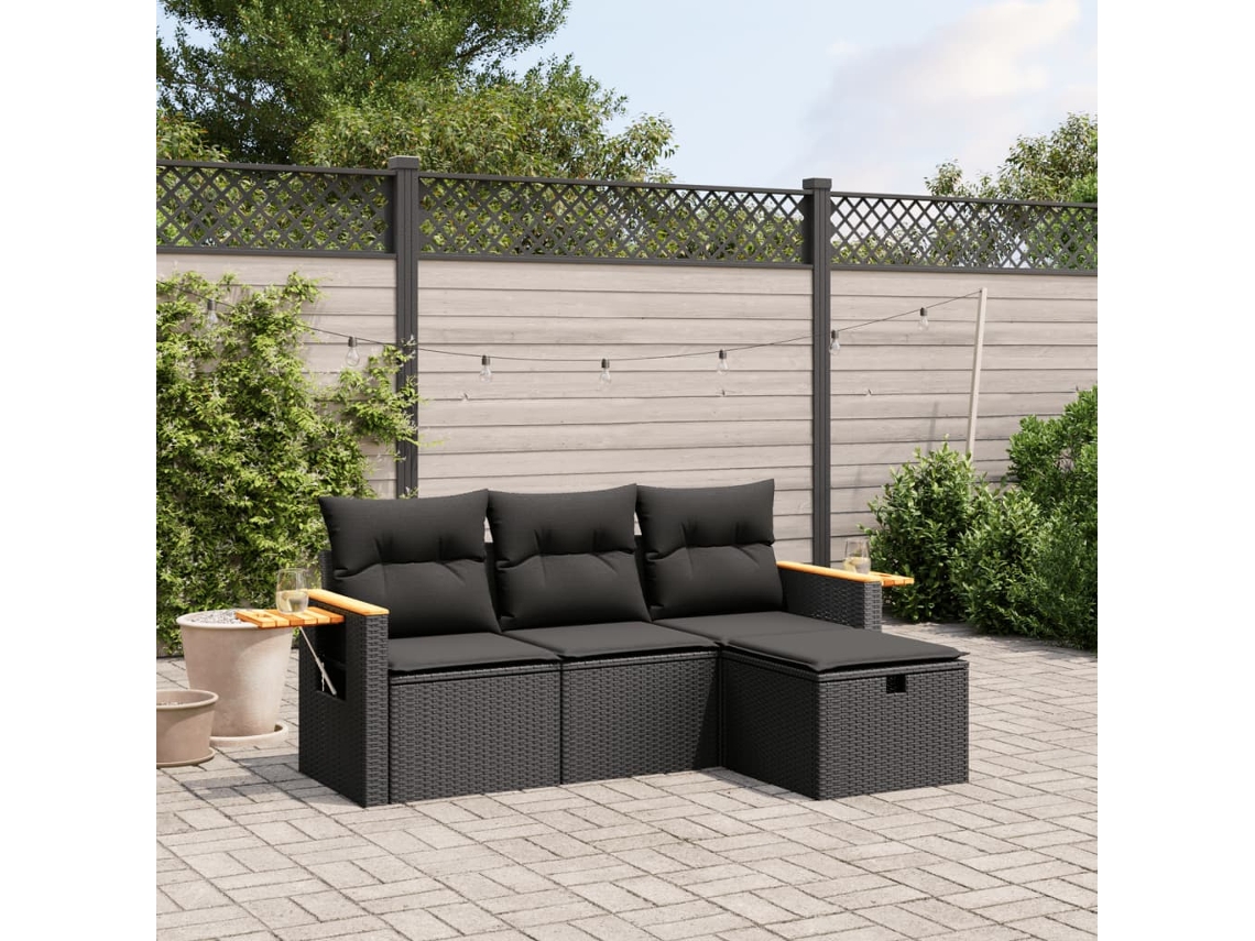 Conjunto de sofá de jardim de 4 peças com almofadas Vime Pe preto Lovely Home
