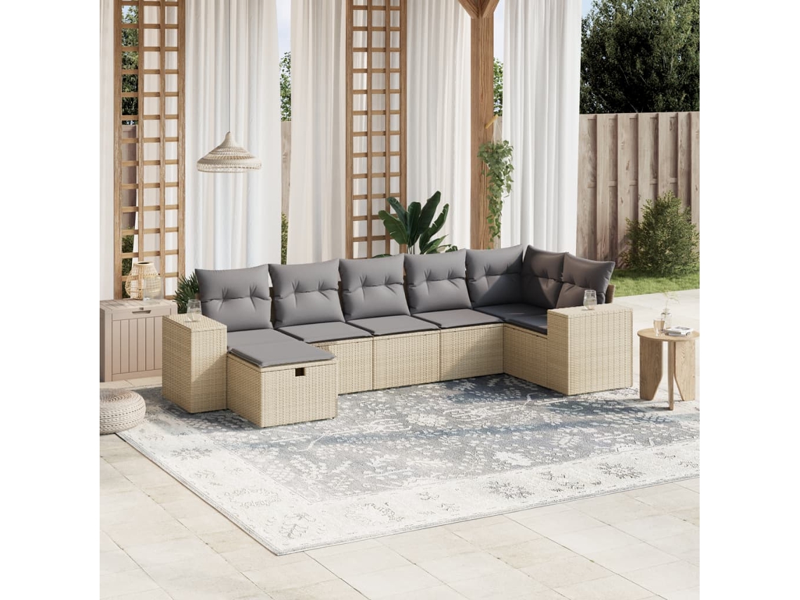 Vidaxl 7 Pcs Conj. Sofás Jardim C/ Almofadões Vime Pe Bege Misturado