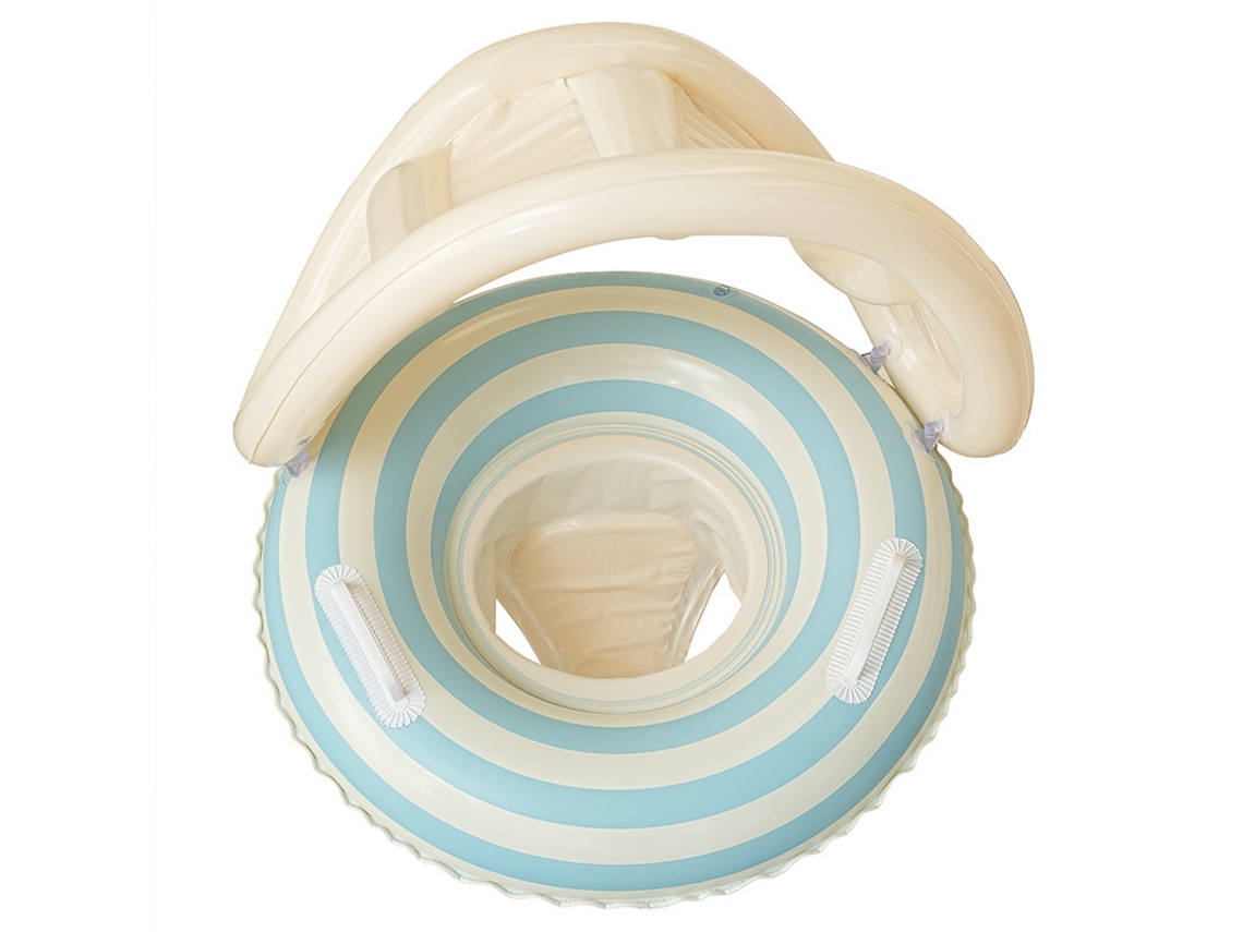 Boia Insuflável Para Bebé Com Cobertura Listrada De Azul E Branco Resistente Aos Raios Uv, Assento Em Tela E Apoios Para Os Braços.