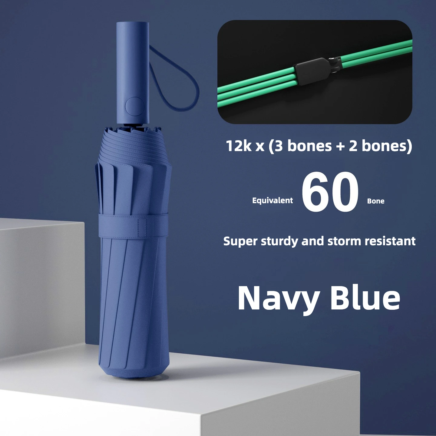 Guarda-chuva Dobrável Automático À Prova De Vento (azul Marinho 12k), Proteção Solar Upf50+ E Proteção Uv.