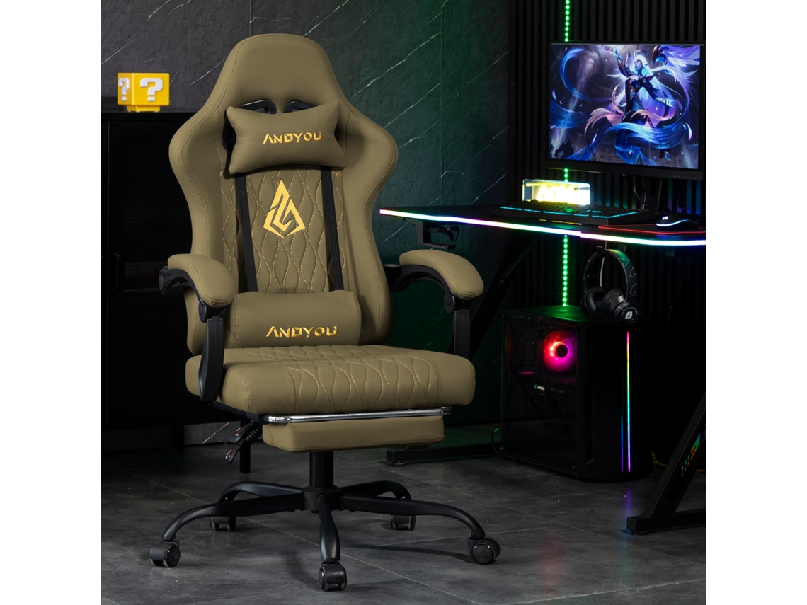 Cadeira Gamer Andyou Series com apoio para os pés, couro PU, verde ESSÊNCIACASA