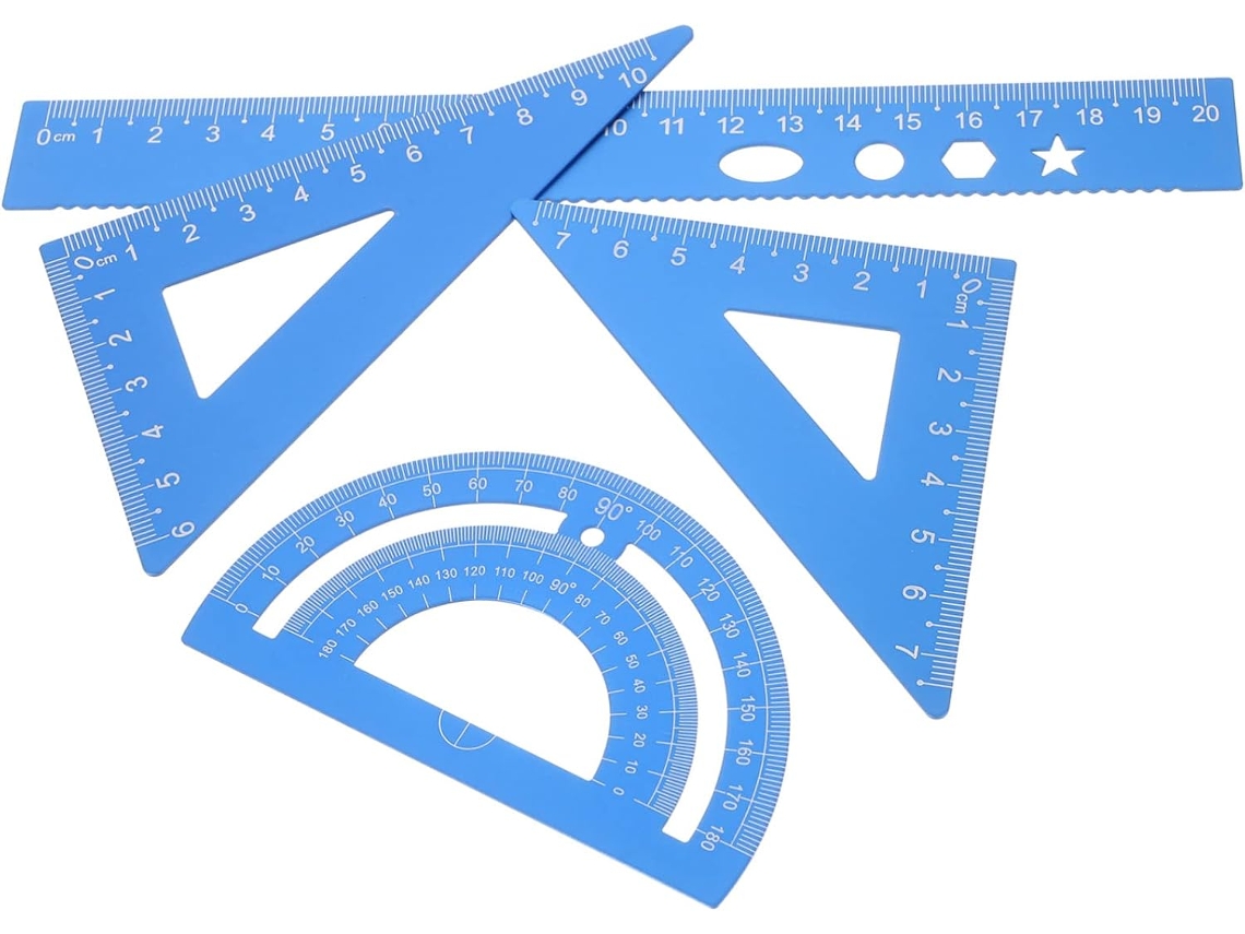 Régua triangular Nuobesty com ferramenta de corte em alumínio, kit de material escolar, 20 cm, azul, transferência precisa.