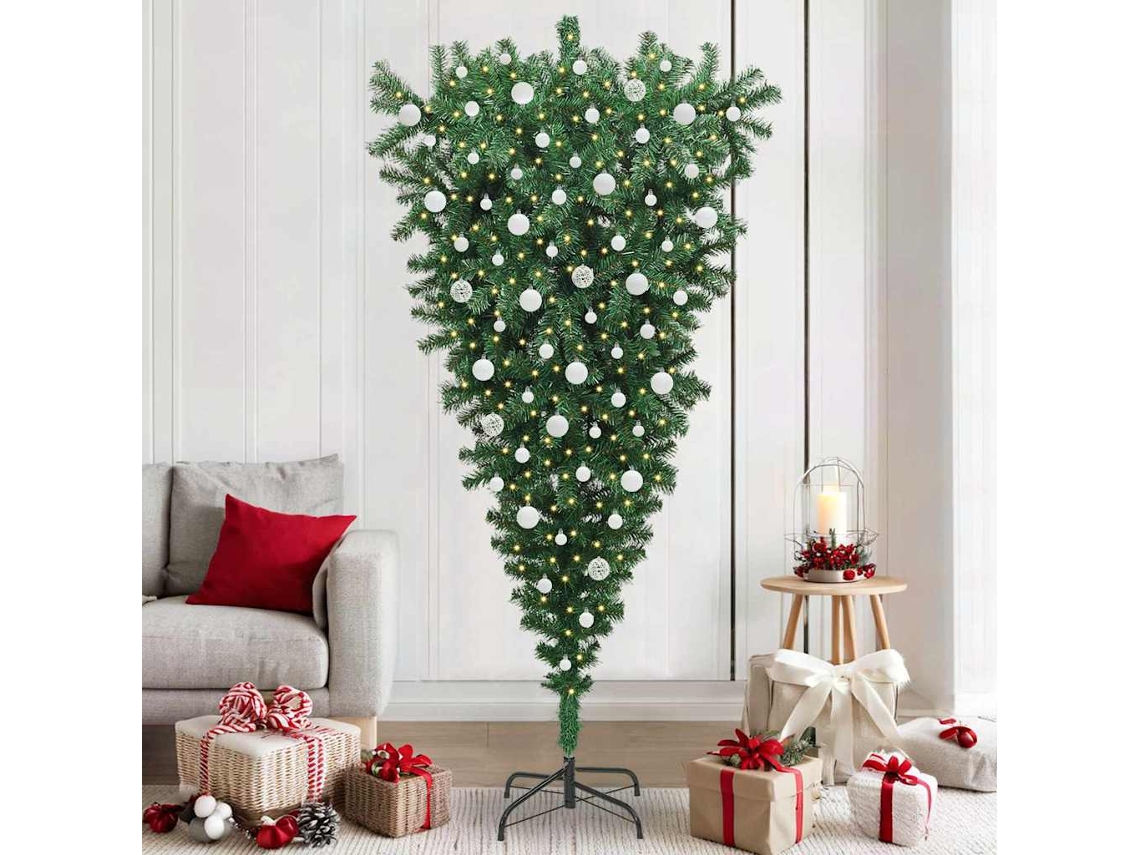 Vidaxl Árvore De Natal Artificial Pré-iluminada De Cabeça Para Baixo Com Conjunto De Bolas