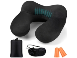 Almofada De Viagem Inflável Ergonômica Com Protetores Auriculares E Máscara Para Os Olhos, Em Veludo Macio Preto. Aquaforge