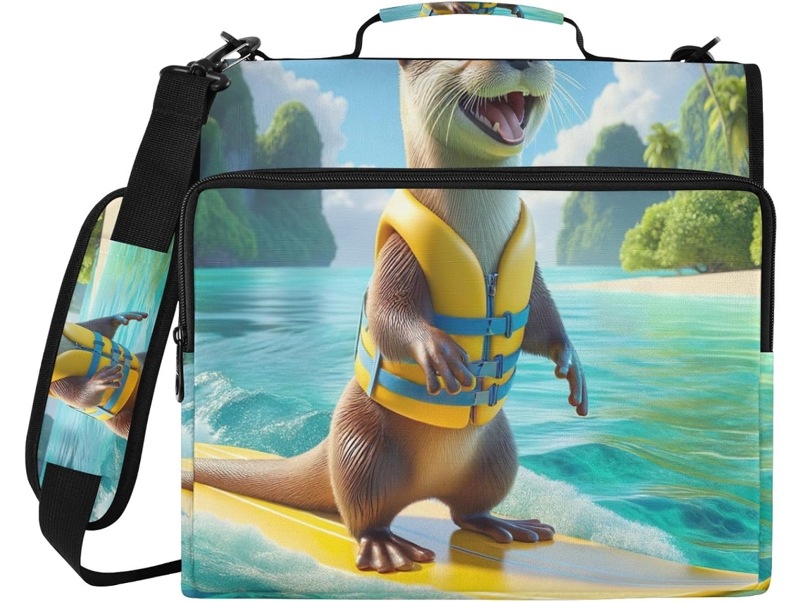 Happy Otter Surfing Pasta De 3 Argolas Com Zíper, Compartimento Laptop E Organizador Com Vários Bolsos Escola