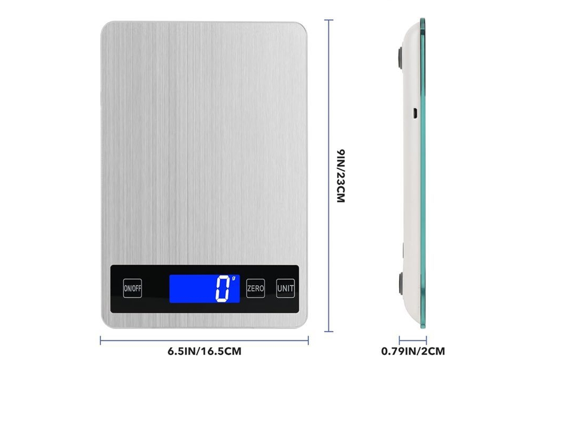 Balança de Cozinha Digital 15 kg com Display LCD Aço Inoxidável Vidro Temperado Precisão Até 1 GG/kg/lboz/ml/floz Tipo C ou Pilhas Zeuxo