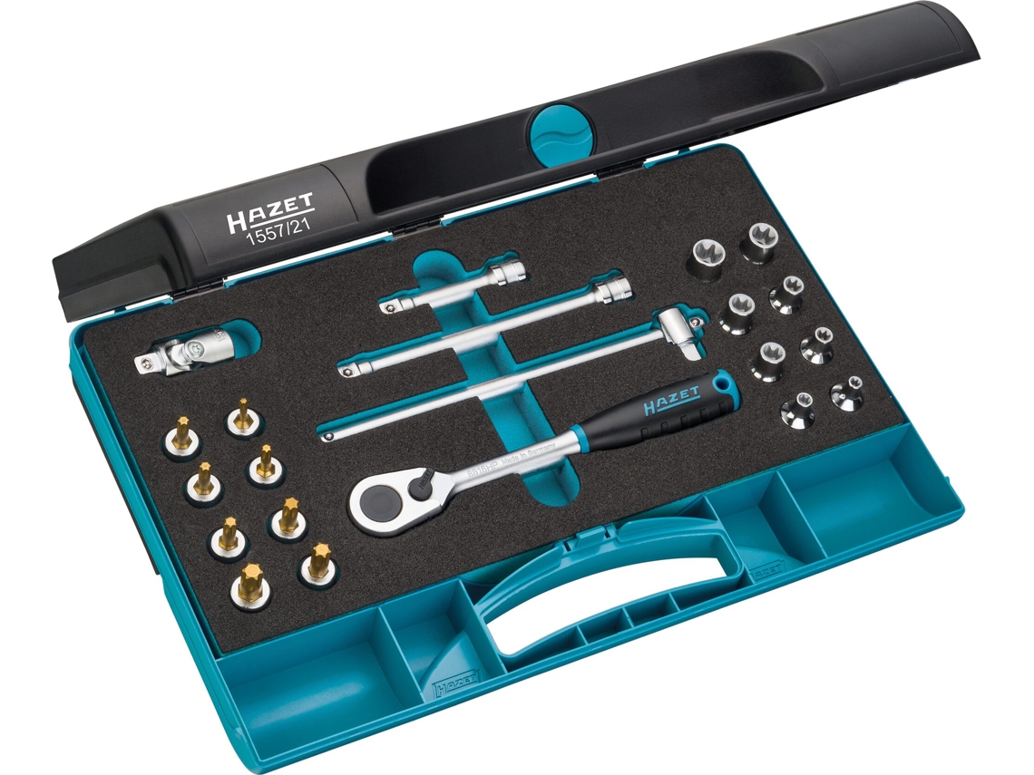 Conjunto de ferramentas Torx HAZET 1557/21: Quadrado oco 3/8 de polegada 10 mm Perfil Torx externo Perfil Torx interno E5 - E14 T15 - Número T50