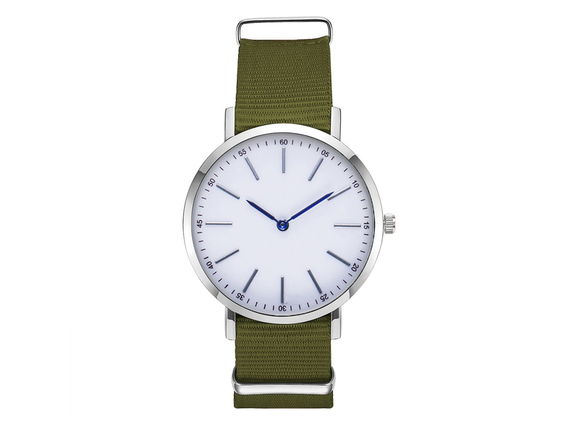 Relógio masculino de quartzo com pulseira de nylon verde militar, elegante e casual.