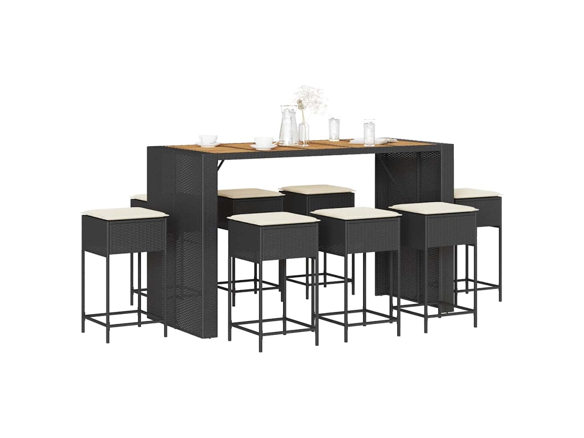 Vidaxl 9 Pcs Conjunto De Bar Para Jardim C/ Almofadões Vime Pe Preto