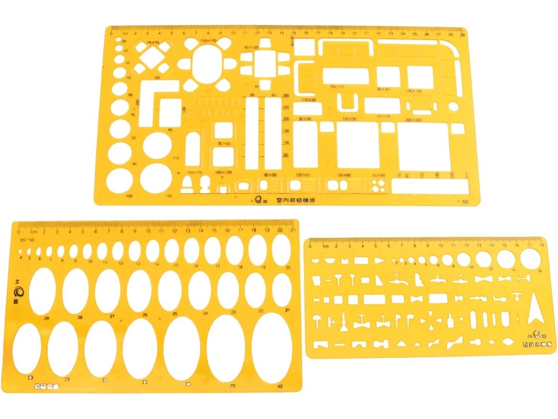 Conjunto de 3 Gabaritos de Desenho para Arquitetura e Design em Transparente, Plástico, para Material Escolar CHABERLU