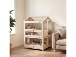 Gaiola Para Hamster De Madeira Natural Com 3 Níveis, 68x61,5x90cm, Incluindo Cabanas, Gangorras, Rampas E Tigelas