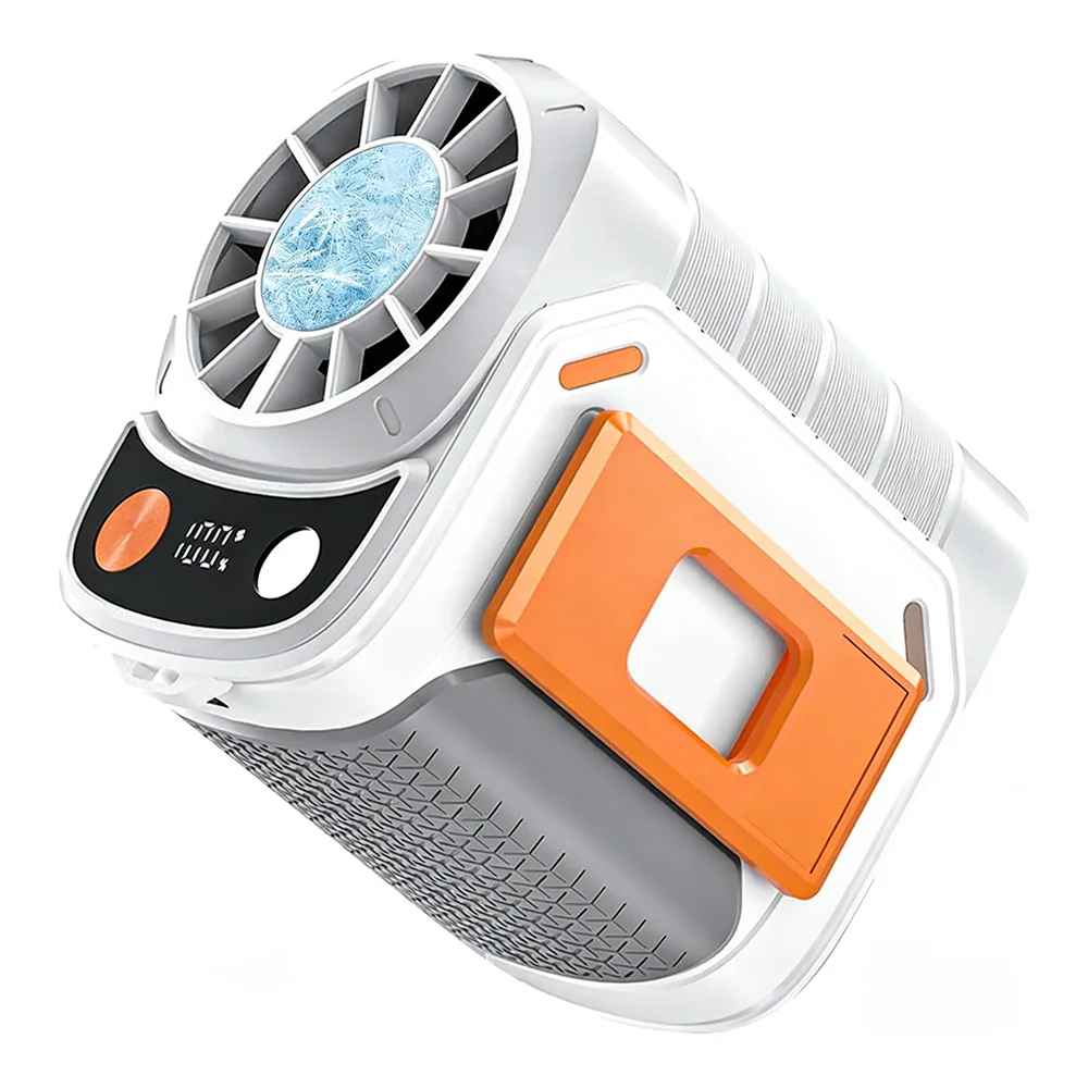 Mini ventilador portátil, recarregável via USB, com bateria externa e luz LED.