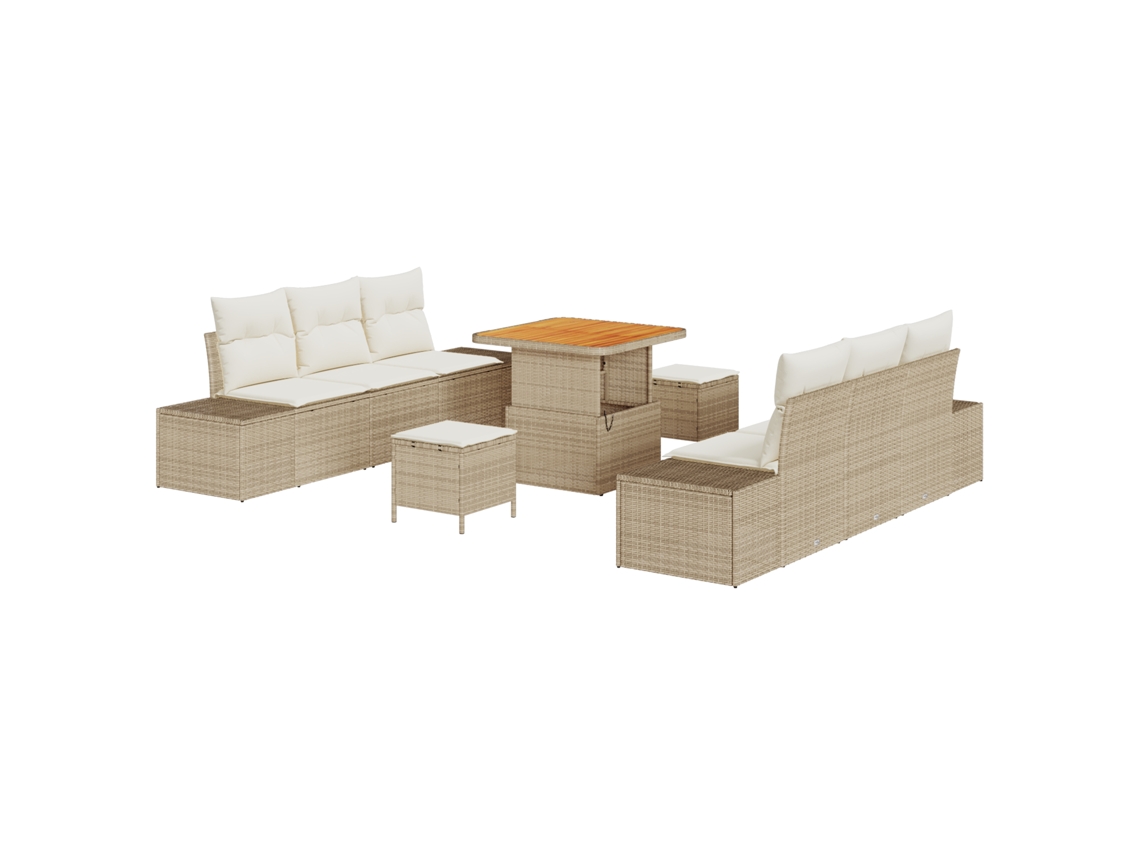 Conjunto 9 De Sofá De Jardim Com Almofadas Vidaxl Bege Rattan Poliéster Acácia