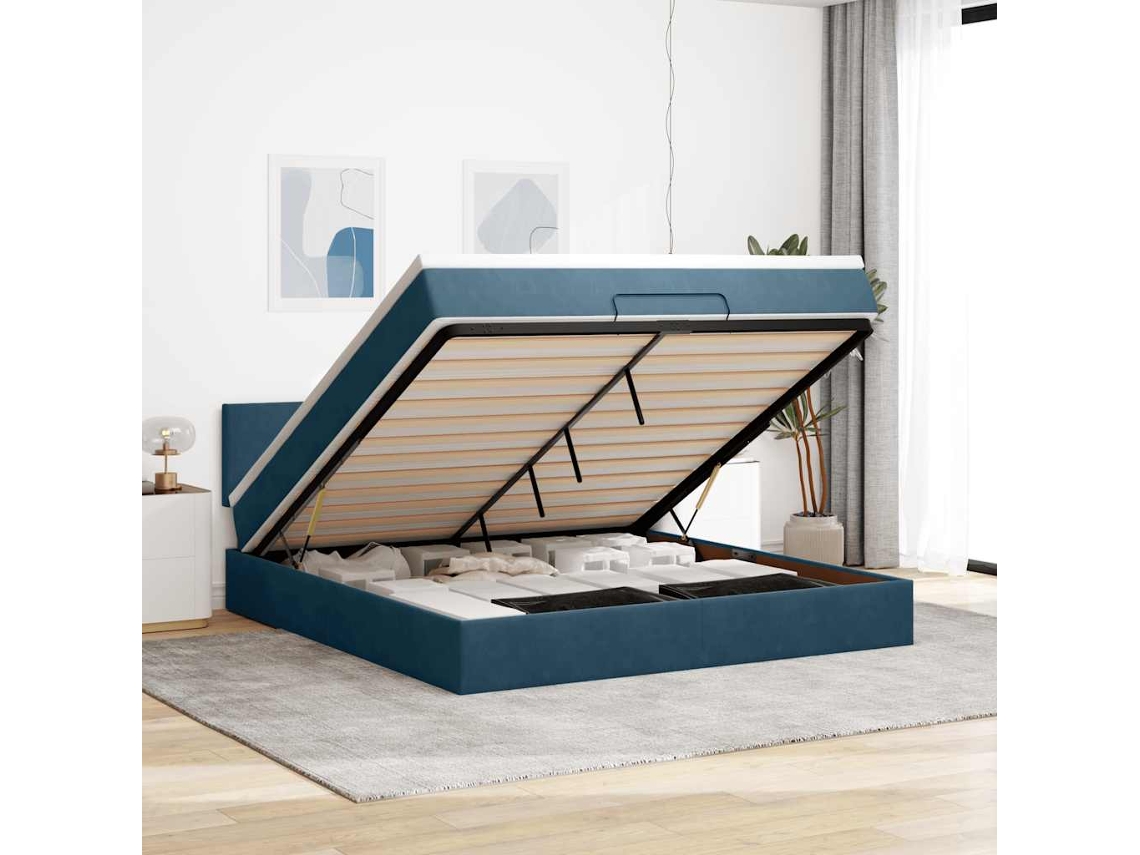 Vidaxl Estrutura De Cama Otomana Com Colchão 160x200 Cm Azul Escuro