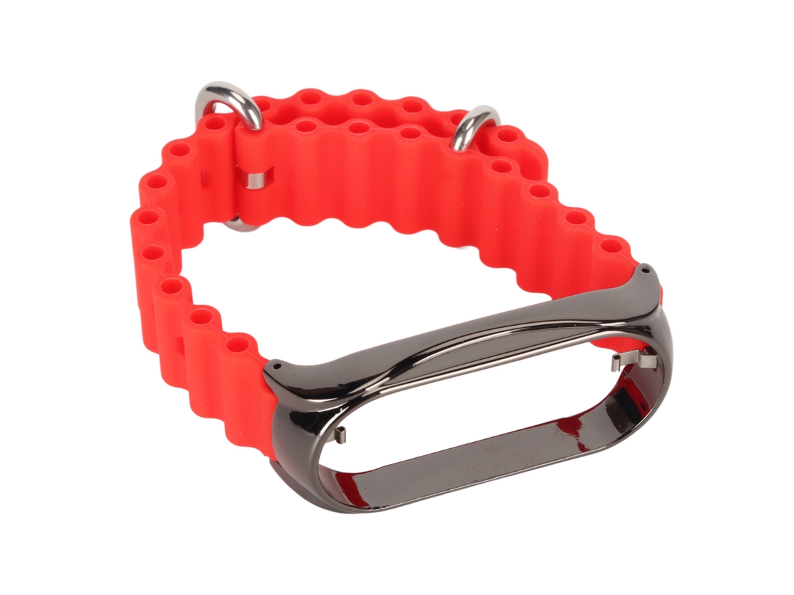 Pulseira de Silicone com Capa Protetora de Aço Inoxidável para Mi Band 7 Vermelha