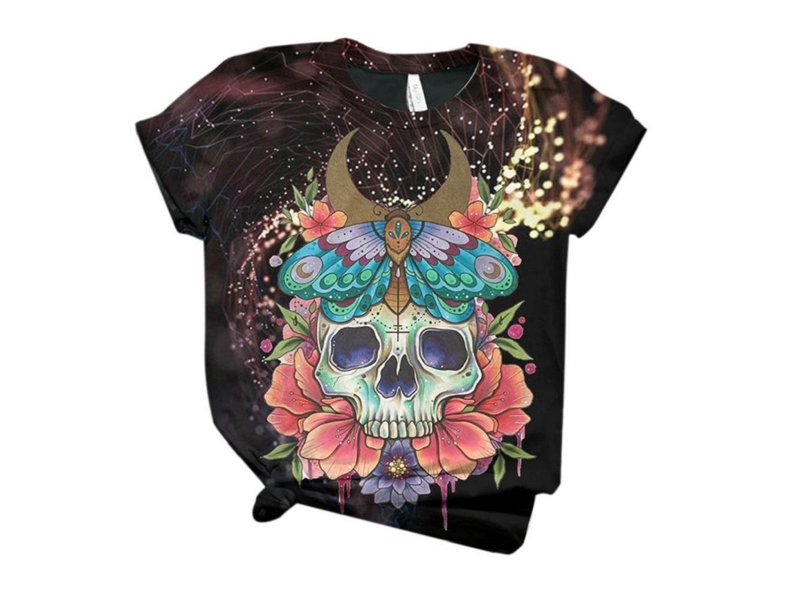 Camiseta De Manga Curta Com Estampa 3d De Crânio, Design De Esqueleto E Elementos Kármicos