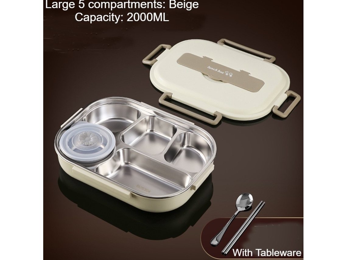 Lancheira Bento À Prova de Vazamentos para Adultos Bege Cinco Grades 2000Ml Talheres e Tigela de Sopa-2000Ml LUUCOZK