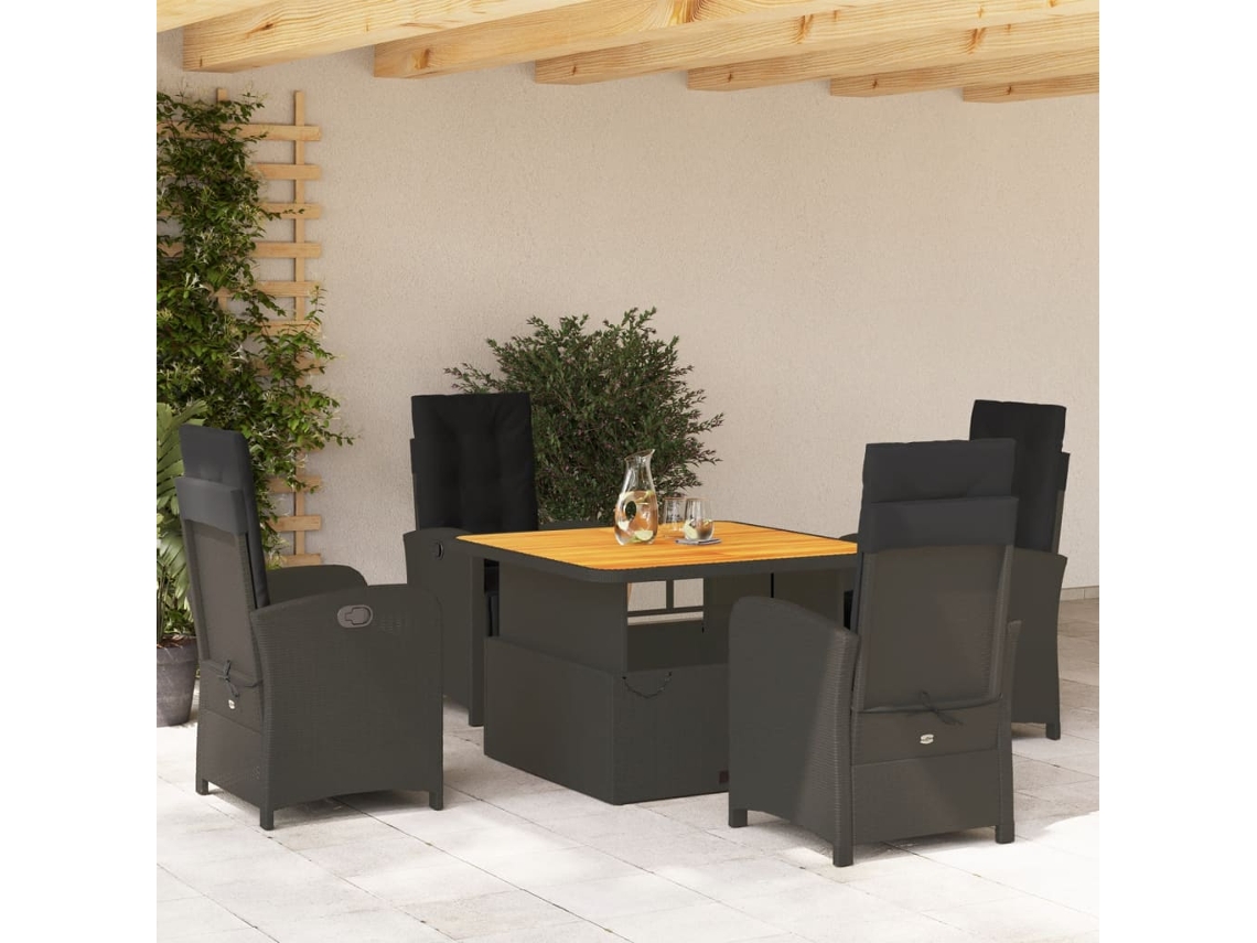 Vidaxl 5 Pcs Conjunto De Jantar P/ Jardim C/ Almofadões Vime Pe Preto